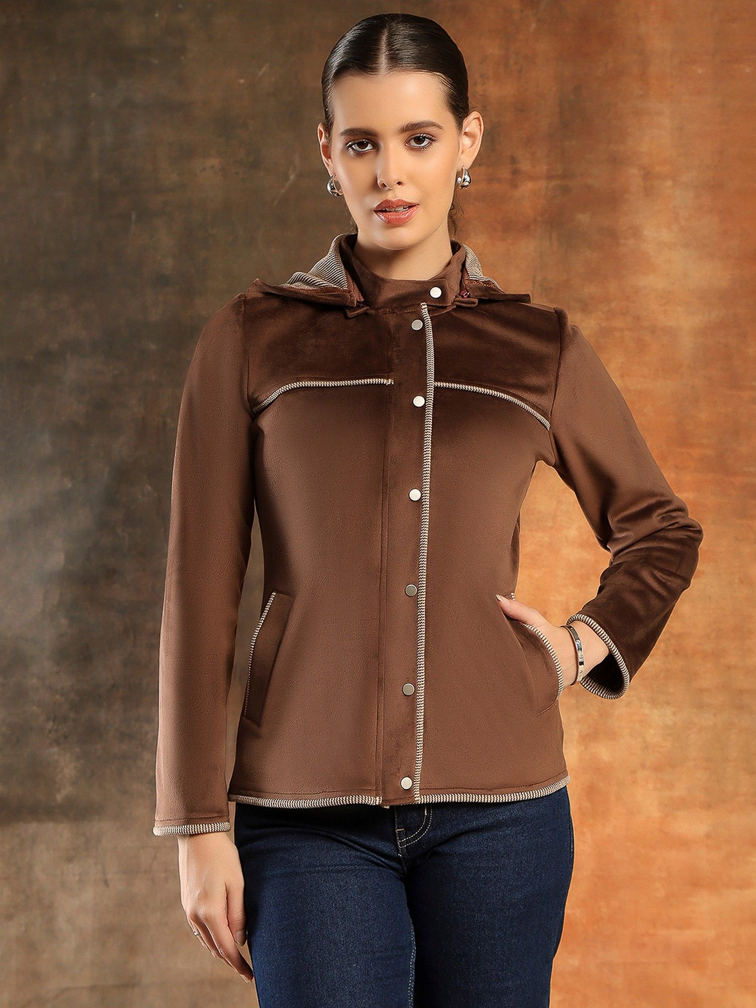 Wool Brown Hooded Neck Solid Jacket-picture-14
