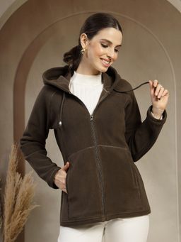 Nayam by lakshita - Fleece Olive Hooded Solid Jacket