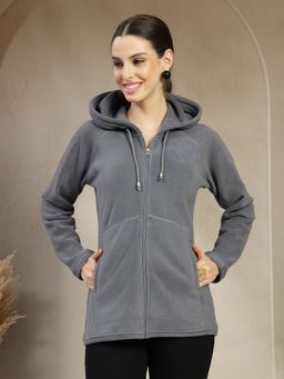 Nayam by lakshita - Fleece Grey Hooded Solid Jacket