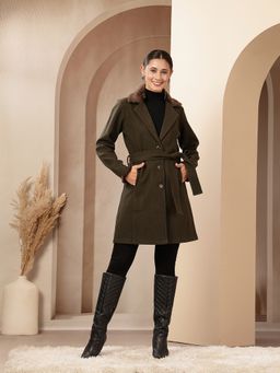 Nayam by lakshita - Wool Olive Notched Lapel Solid Long Coat with Belt
