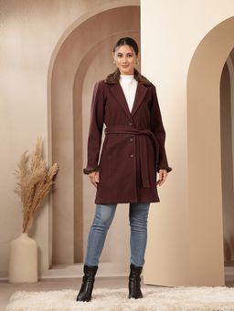 Nayam by lakshita - Wool Purple Notched Lapel Solid Long Coat with Belt