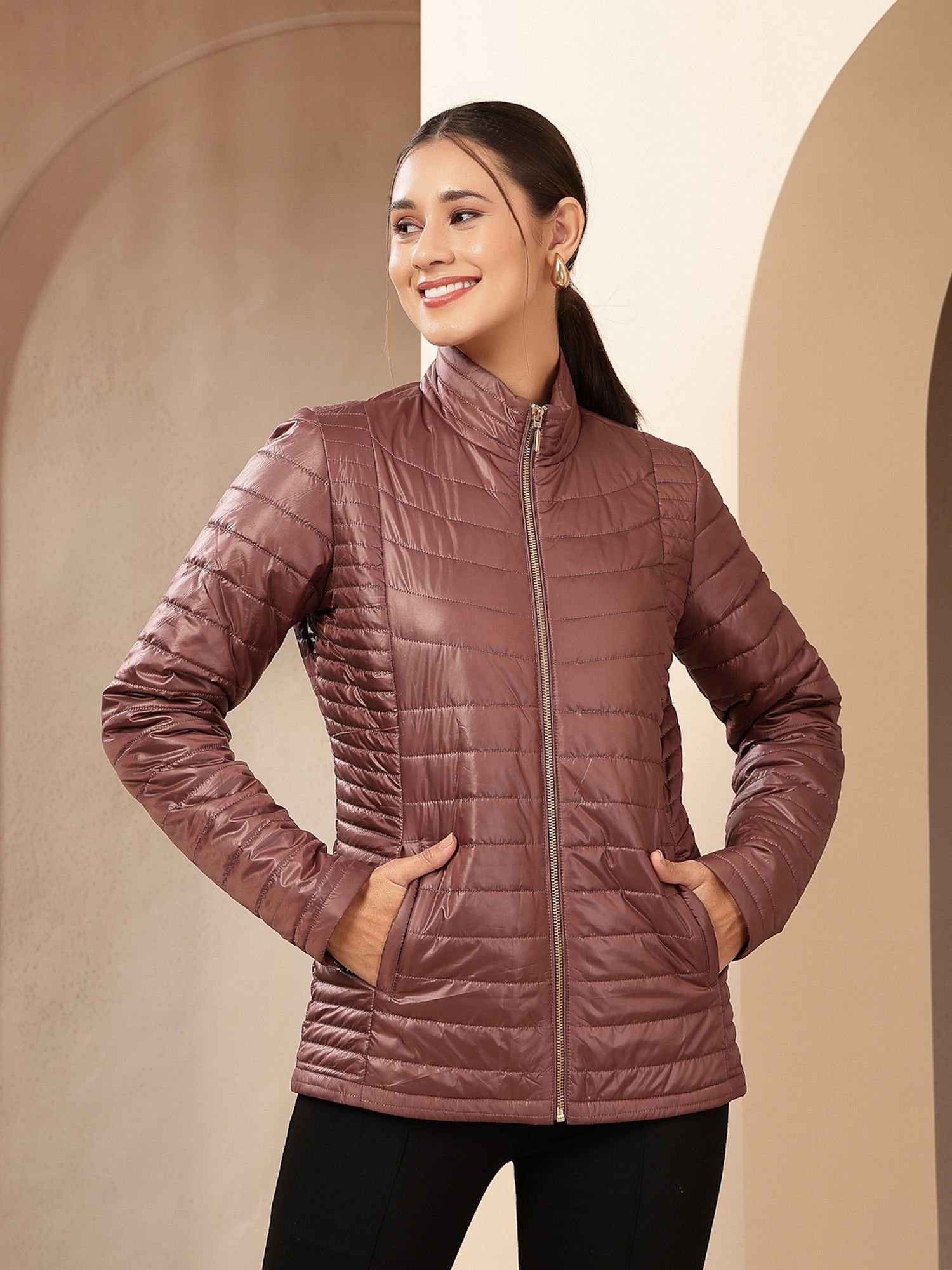 Wool Brown High Neck Solid Jacket-picture-40