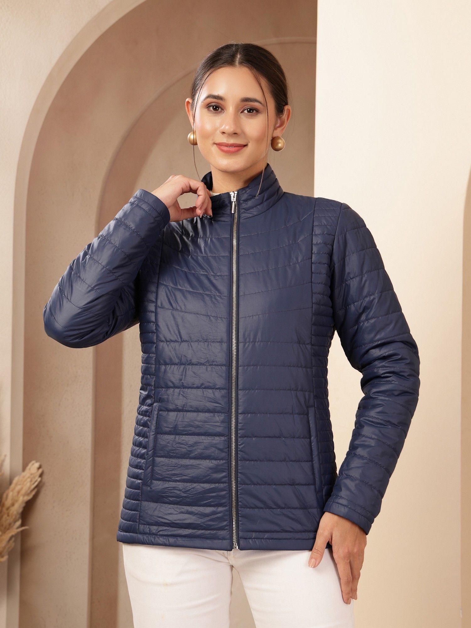 Wool Navy Blue High Neck Solid Jacket-picture-41