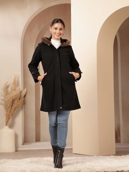Nayam by lakshita - Wool Black Hooded Solid Long Coat