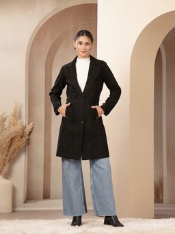 Nayam by lakshita - Suede Black Notched Lapel Solid Long Coat