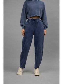 NeceSera - Women Navy Blue Denim Wash Terry Barrel Pant