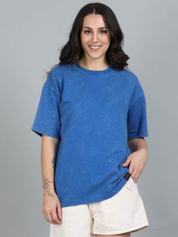 SILISOUL - Women Blue Oversized Solid Cotton T-Shirt