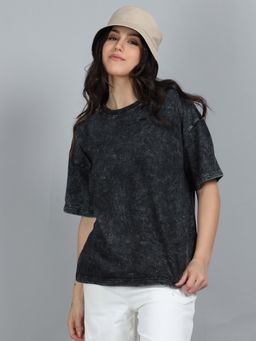 SILISOUL - Women Black Oversized Textured Cotton T-Shirt