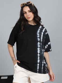 SILISOUL - Women Black Oversized Tie and Dye Cotton T-Shirt
