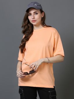 SILISOUL - Women Peach Boxy Solid Cotton T-Shirt