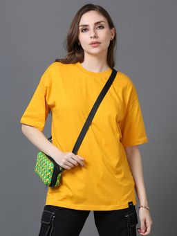 SILISOUL - Women Mustard Boxy Solid Cotton T-Shirt