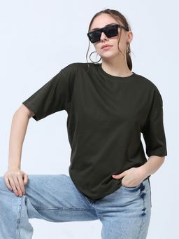 SILISOUL - Women Olive Boxy Solid Cotton T-Shirt