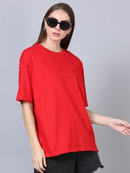 SILISOUL - Women Red Oversized Solid Cotton T-Shirt
