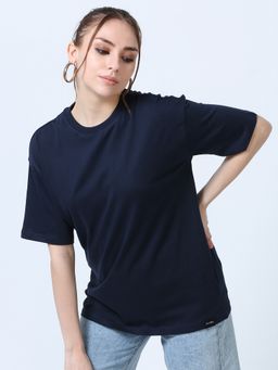 SILISOUL - Women Navy Blue Boxy Solid Cotton T-Shirt