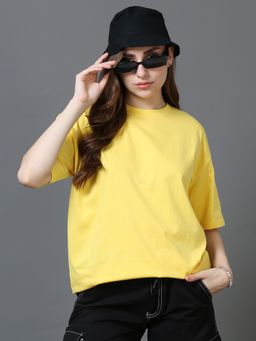 SILISOUL - Women Yellow Boxy Solid Cotton T-Shirt