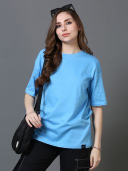 SILISOUL - Women Blue Boxy Solid Cotton T-Shirt