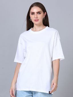 SILISOUL - Women White Oversized Solid Cotton T-Shirt