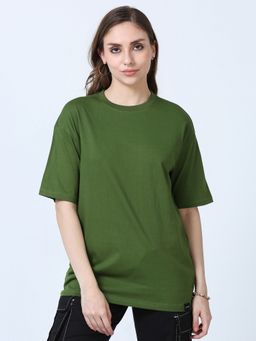 SILISOUL - Women Green Boxy Solid Cotton T-Shirt