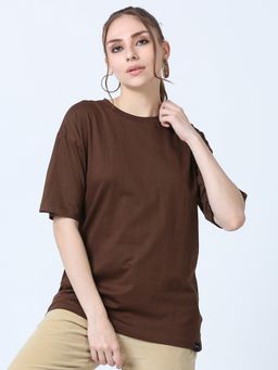SILISOUL - Women Brown Boxy Solid Cotton T-Shirt