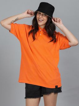 SILISOUL - Women Orange Oversized Solid Cotton Polo T-Shirt