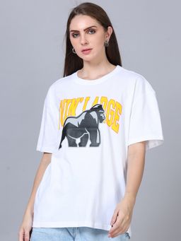 SILISOUL - Women White Oversized Graphic Printed Cotton T-Shirt