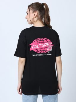 SILISOUL - Women Black Boxy Graphic Printed Cotton T-Shirt