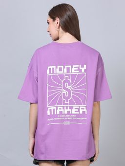 SILISOUL - Women Lavender Oversized Graphic Printed Cotton T-Shirt