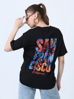 SILISOUL - Women Black Boxy Graphic Printed Cotton T-Shirt