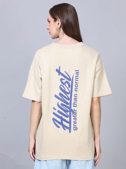 SILISOUL - Women Beige Oversized Graphic Printed Cotton T-Shirt