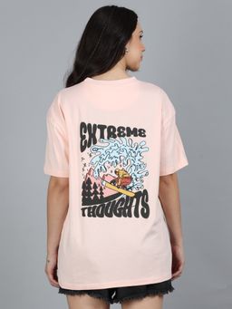 SILISOUL - Women Peach Oversized Graphic Printed Cotton T-Shirt