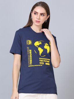 SILISOUL - Women Navy Blue Relaxed Fit Graphic Printed Cotton T-Shirt