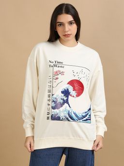 SILISOUL - Women Off White Graphic Printed Pure Cotton Oversized Sweatshirt
