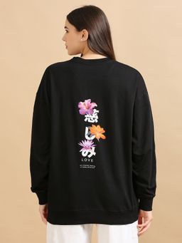 SILISOUL - Women Black Graphic Printed Pure Cotton Oversized Sweatshirt