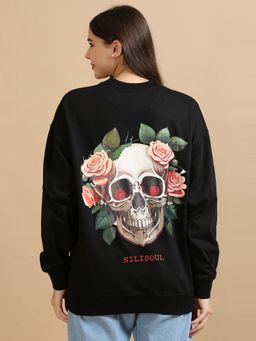 SILISOUL - Women Black Graphic Printed Pure Cotton Oversized Sweatshirt