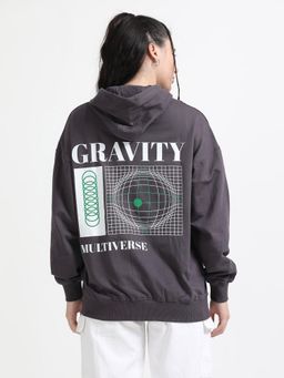 SILISOUL - Women Grey Graphic Printed Oversized Hoodie