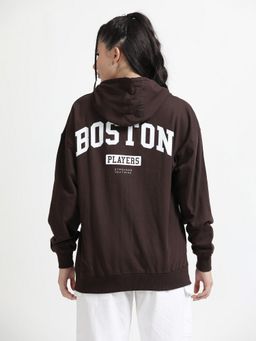 SILISOUL - Women Brown Graphic Printed Oversized Hoodie