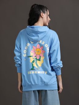 SILISOUL - Women Blue Graphic Printed Oversized Hoodie