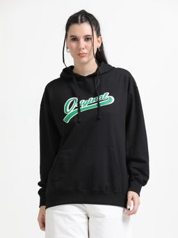 SILISOUL - Women Black Graphic Printed Oversized Hoodie