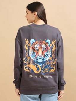 SILISOUL - Women Grey Graphic Printed Pure Cotton Oversized Sweatshirt