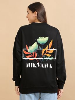 SILISOUL - Women Black Graphic Printed Pure Cotton Oversized Sweatshirt