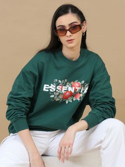 SILISOUL - Women Green Printed Oversized Sweatshirt