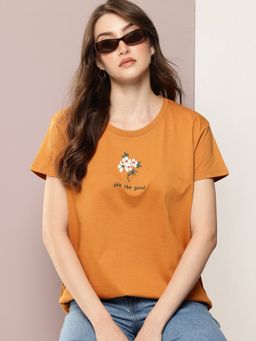 DILLINGER - Women Boxy Regular Embroidery Brown T-Shirt