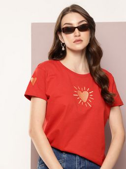 DILLINGER - Women Boxy Regular Embroidery Red T-Shirt