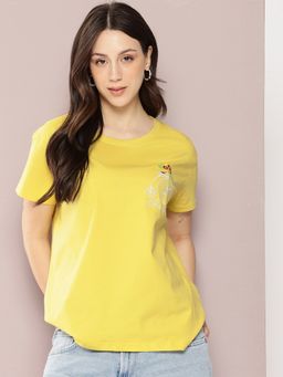 DILLINGER - Women Boxy Regular Embroidery Yellow T-Shirt