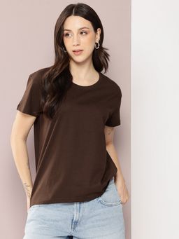 DILLINGER - Women Boxy Regular Plain Brown T-Shirt