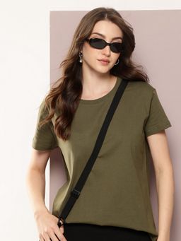 DILLINGER - Women Boxy Regular Plain Olive T-Shirt