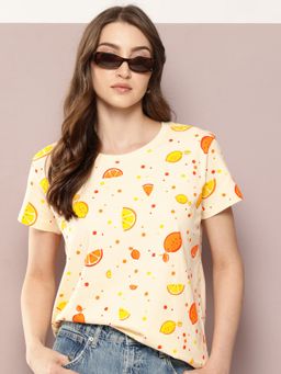 DILLINGER - Women Boxy Regular Printed Cream T-Shirt