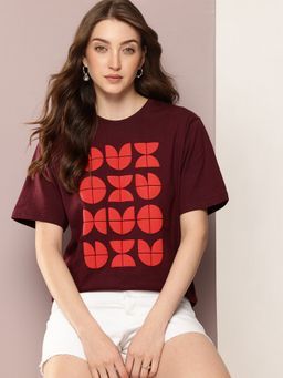 DILLINGER - Women Oversized Half Sleeves Printed Burgundy T-Shirt