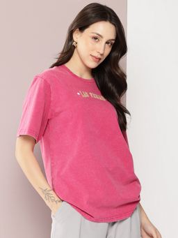 DILLINGER - Women Oversized Acid Washed Typography Pink T-Shirt