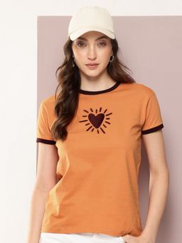 DILLINGER - Women Regular Fit Embroidery Rust T-Shirt